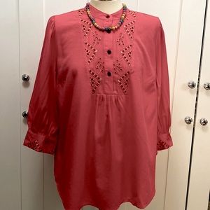 NEW! MED Pink Know Rose Embroidered Half Button Front Mid Sleeve Oversized Top